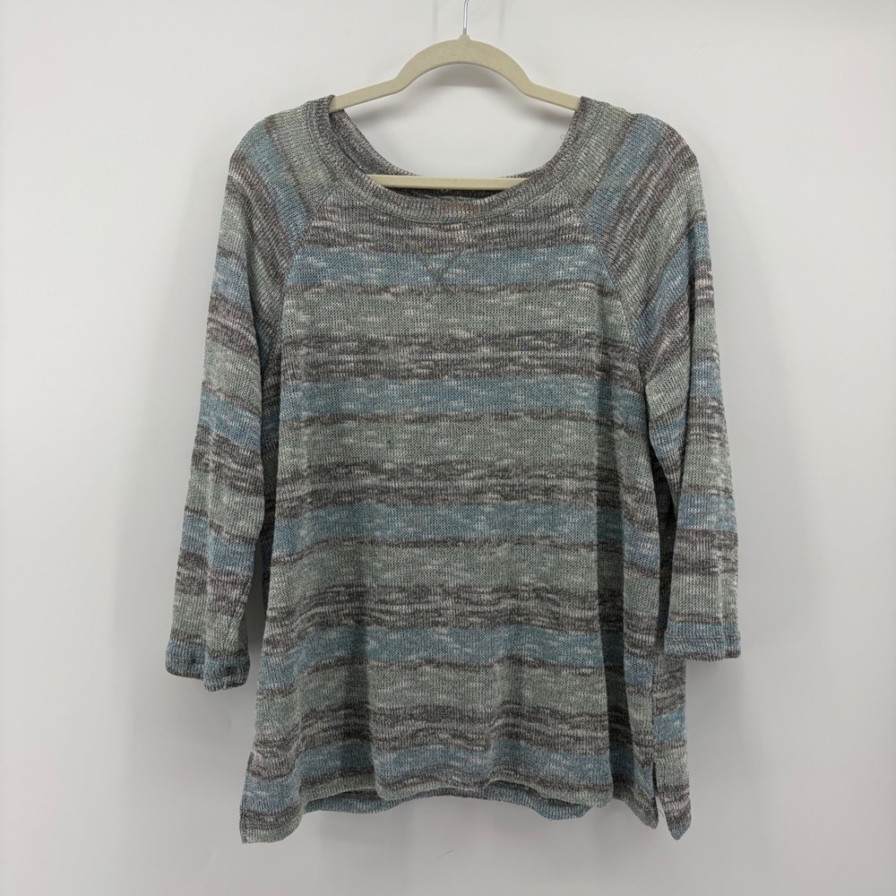 Ruby Rd Womens Large Blue Gray Striped Knit Top Metallic Shimmer 3/4 Sleeve L